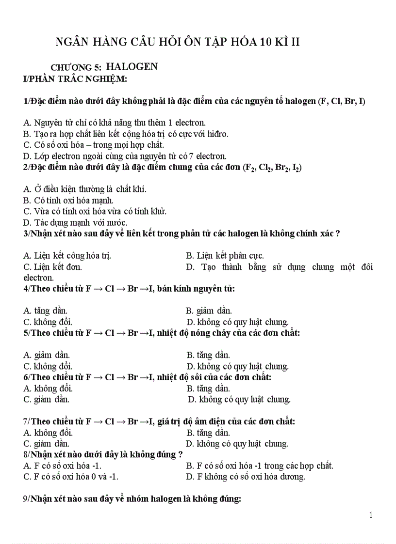 Ngân hàng câu hỏi cả kì II hoá 10