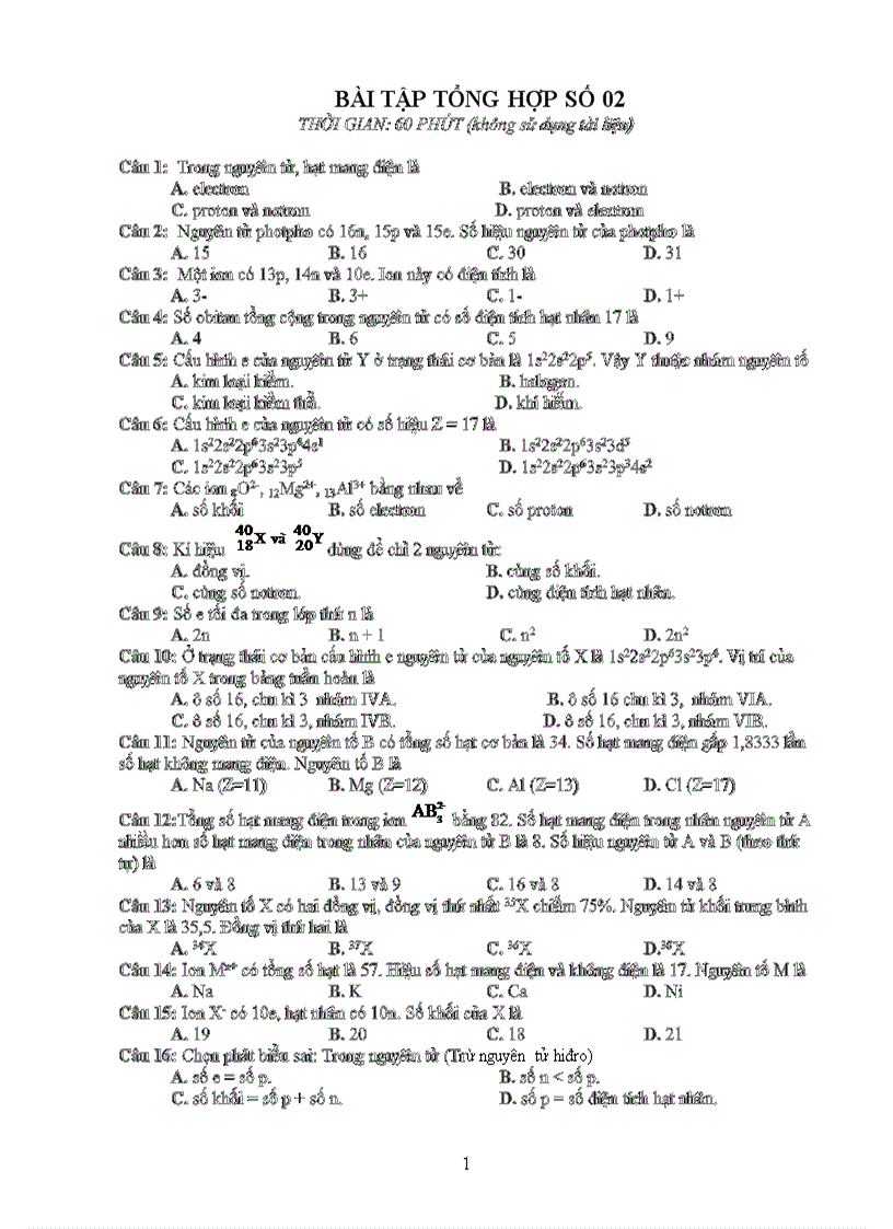 Đề bài tập cấu tạo nguyên tử p2
