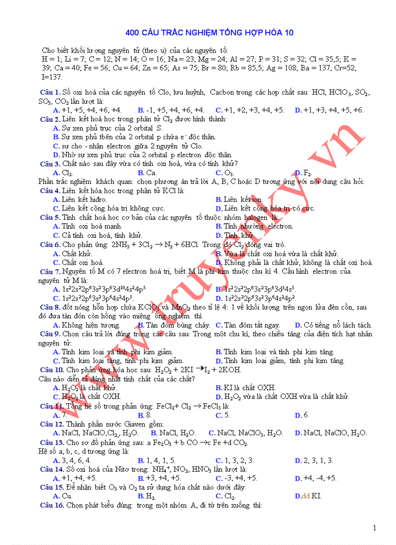 400 cau TRAC NGHIEM hoa 10