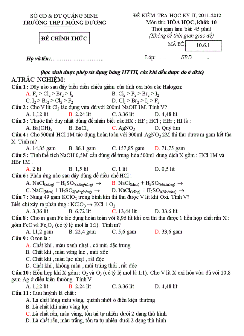 Đáp án hóa học lớp 10 học kỳ 2 năm học 2011 2012