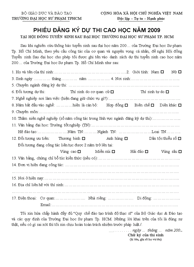 Hồ sơ thi Cao học 2009
