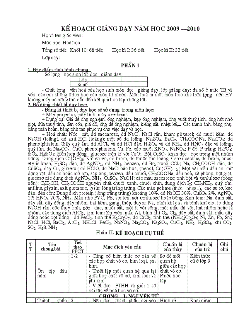 Kế hoạch giảng dạy hoá học 10 BTTHPT