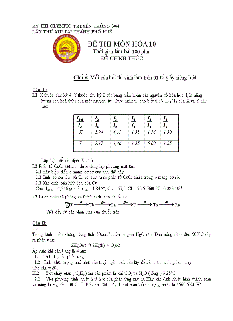 Đề thi HSG Hoá học 10