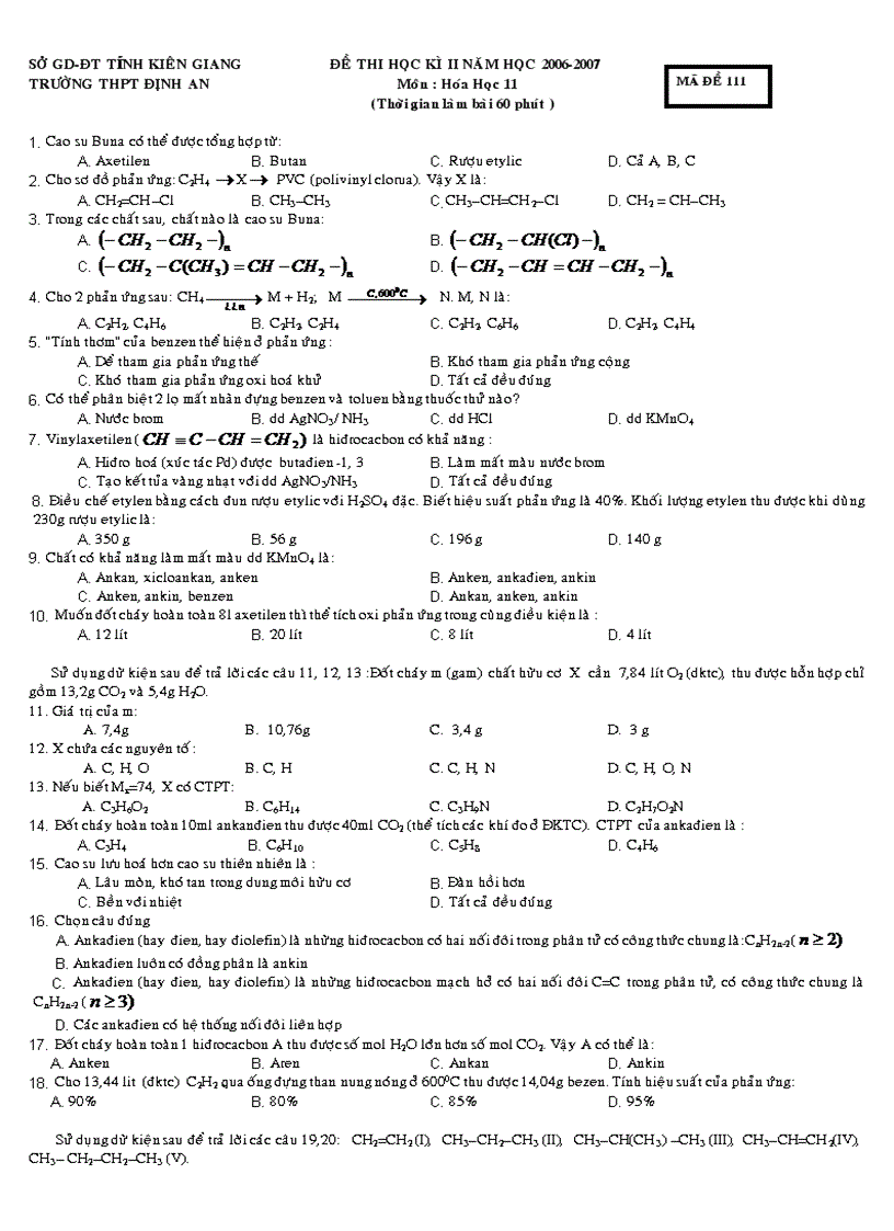 Đề thi học kì 1 khối 11