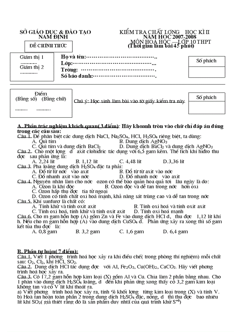 Đề thi HK II tỉnh Nam Đinh Năm học 2007 2008