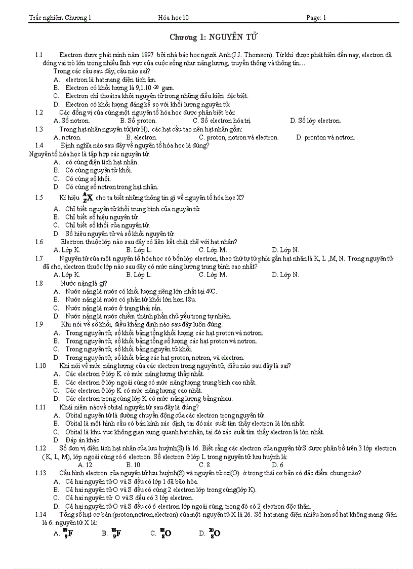 Trac nghiem chuong 1 Hoa 10