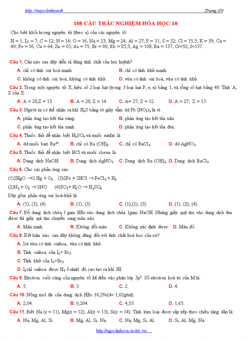 108 câu trắc nghiệm hóa học 10