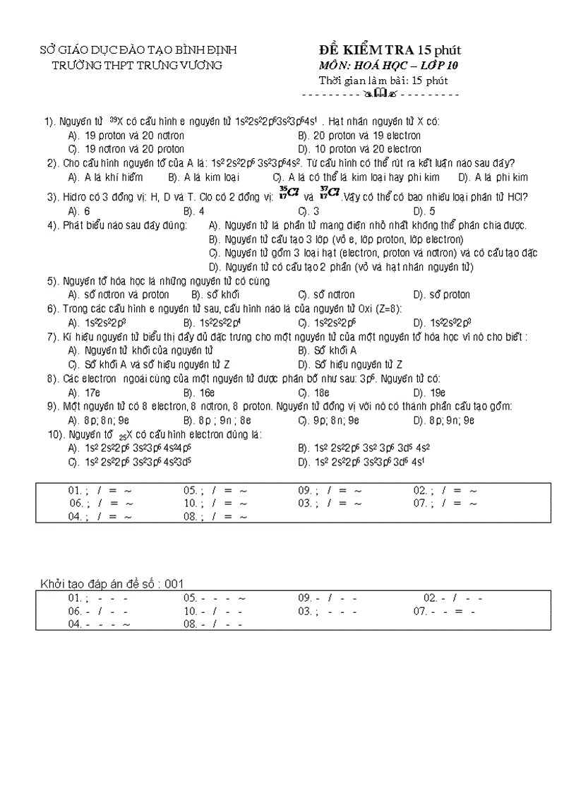 Các đề kiểm tra hóa lớp 10