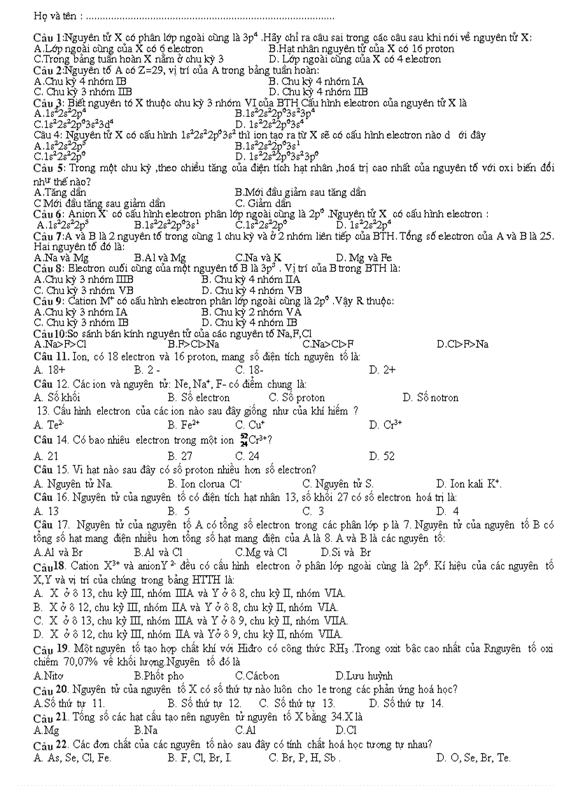 Bài kiểm tra cấu tạo nguyên tử