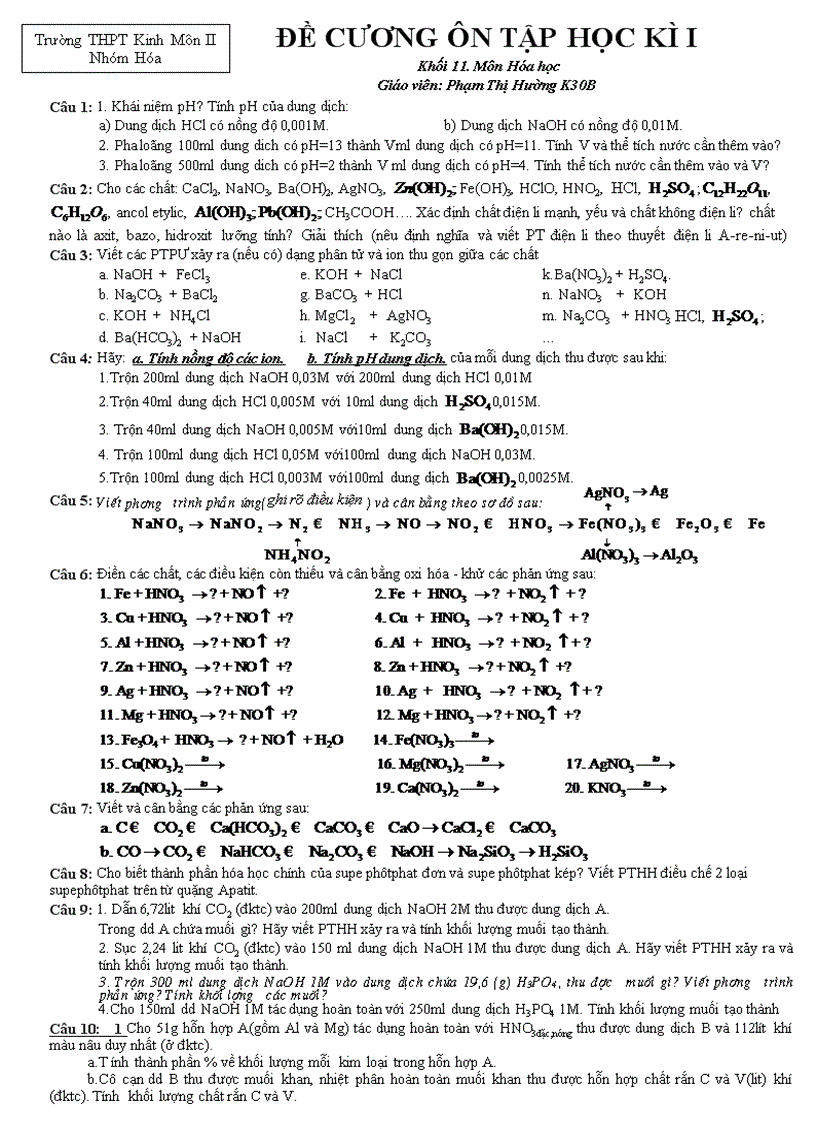 Ôn tập HK 1 hoá 11 CB