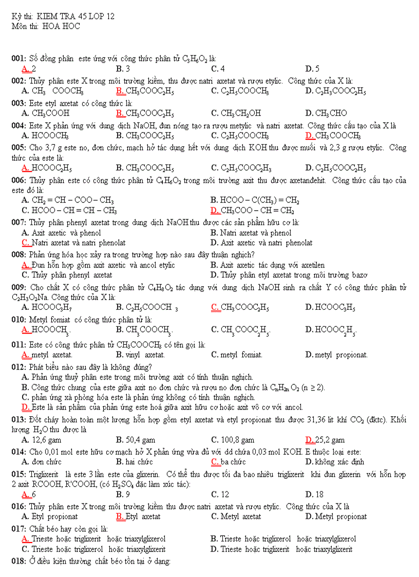 Kiểm tra 45 chương este