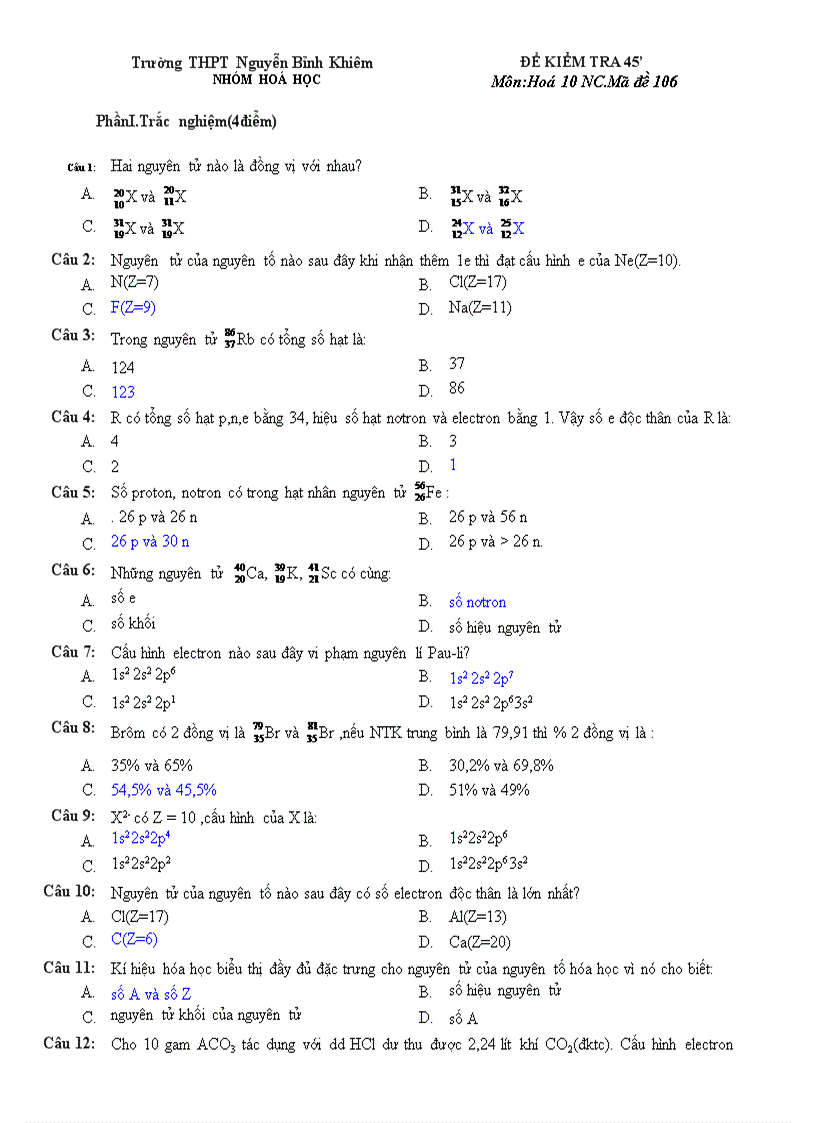Đề kiểm tra 45 hóa nâng cao 10