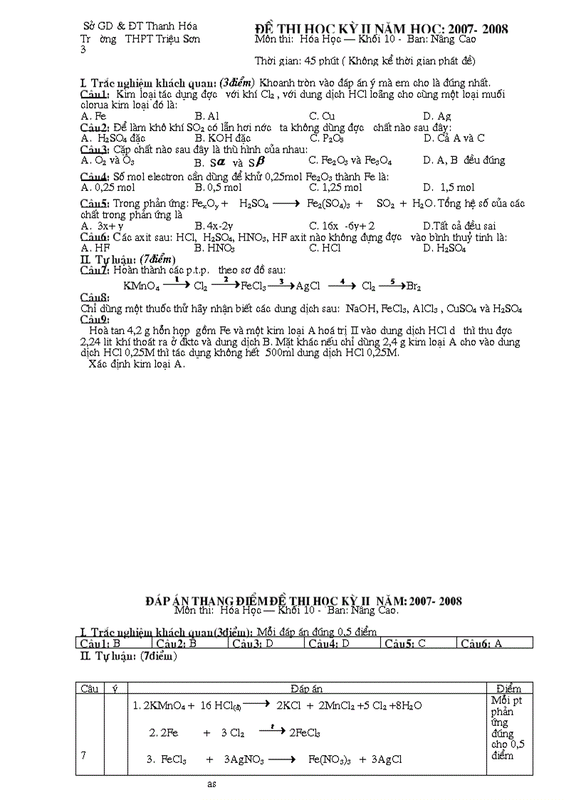 Đề thi học kì 1 khối 10 nc 2008