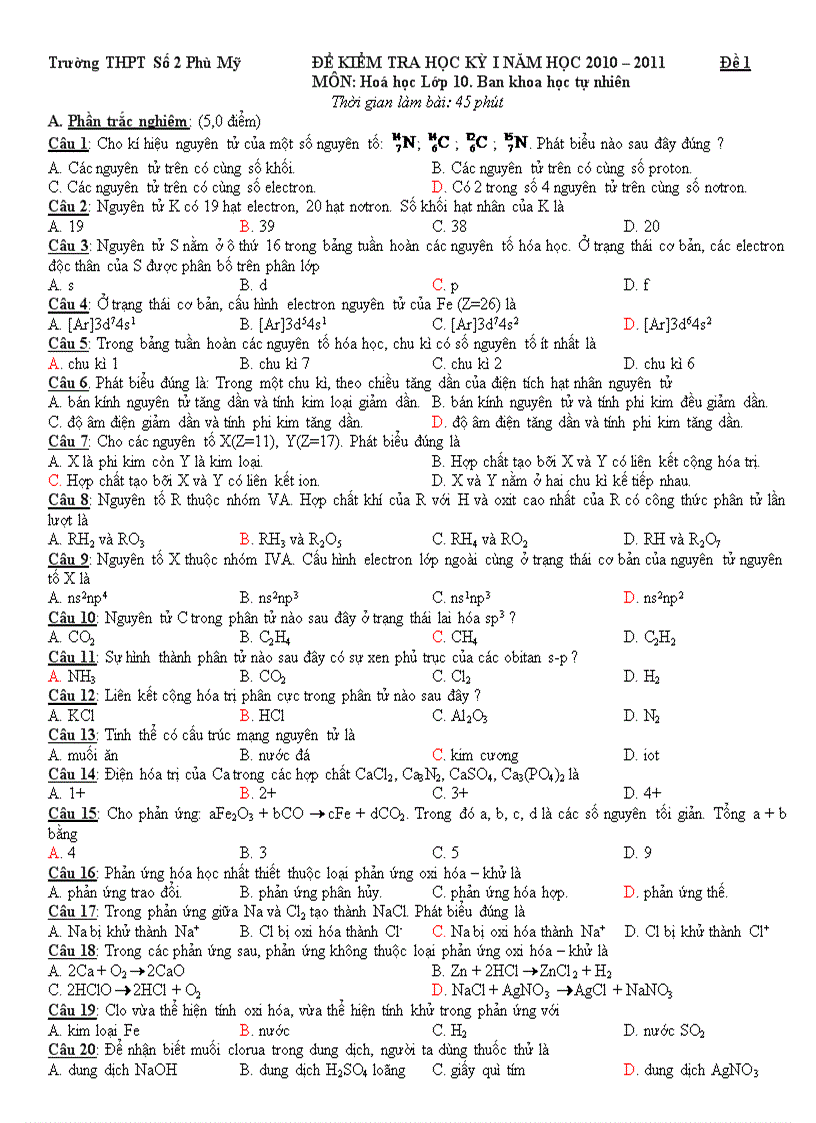 Đề thi học kì 1 hóa 10 Ban TN