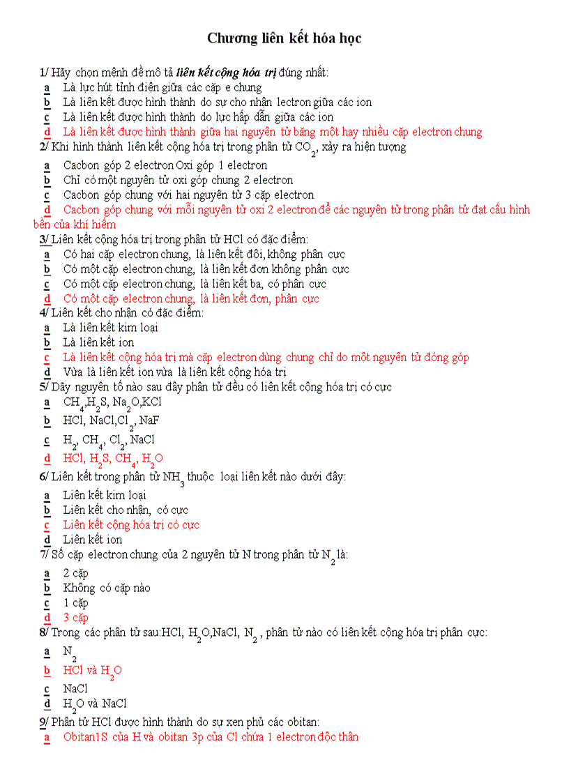 Trắc nghiệm liên kết hóa học