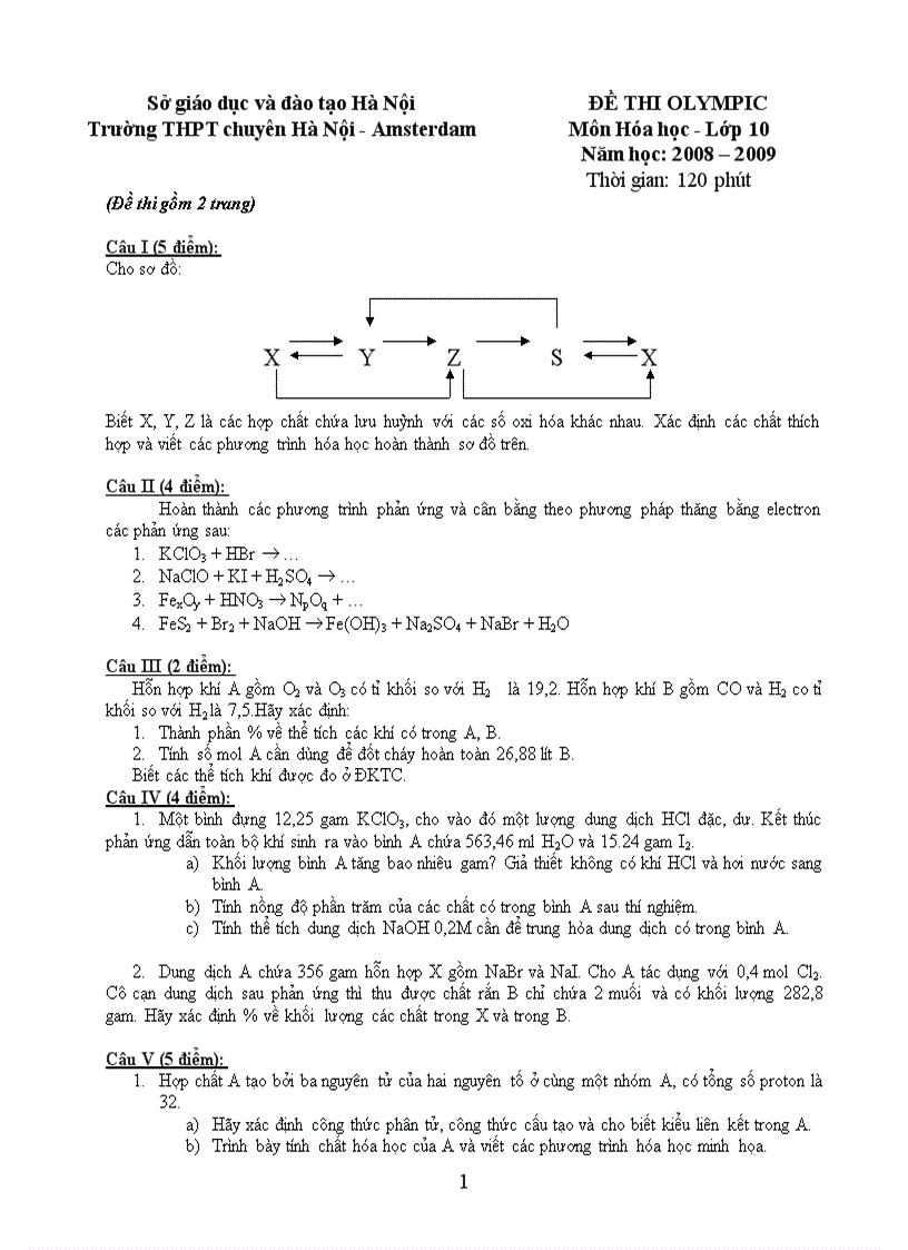 Đề olympic hóa 10 ams 2009
