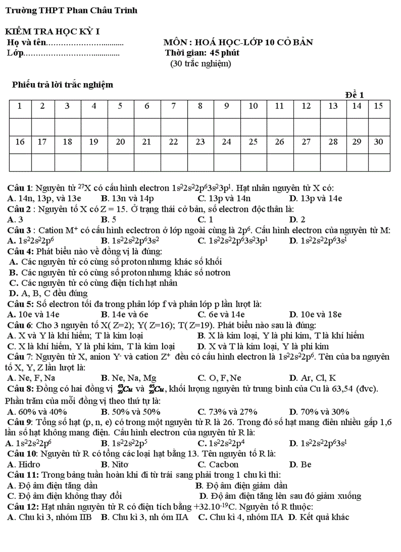 Đề mẫu HK I Hóa 10 22