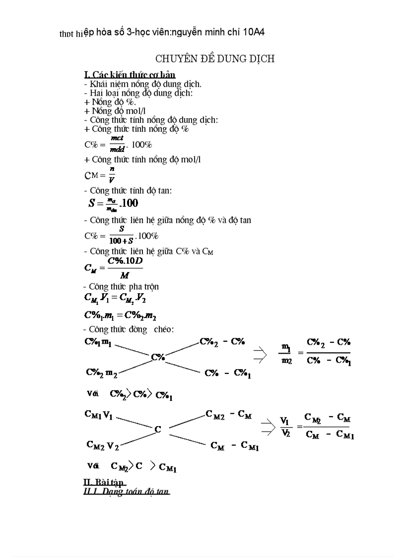 Chuyên đề bồi dưỡng các dạng toán về dung dịch