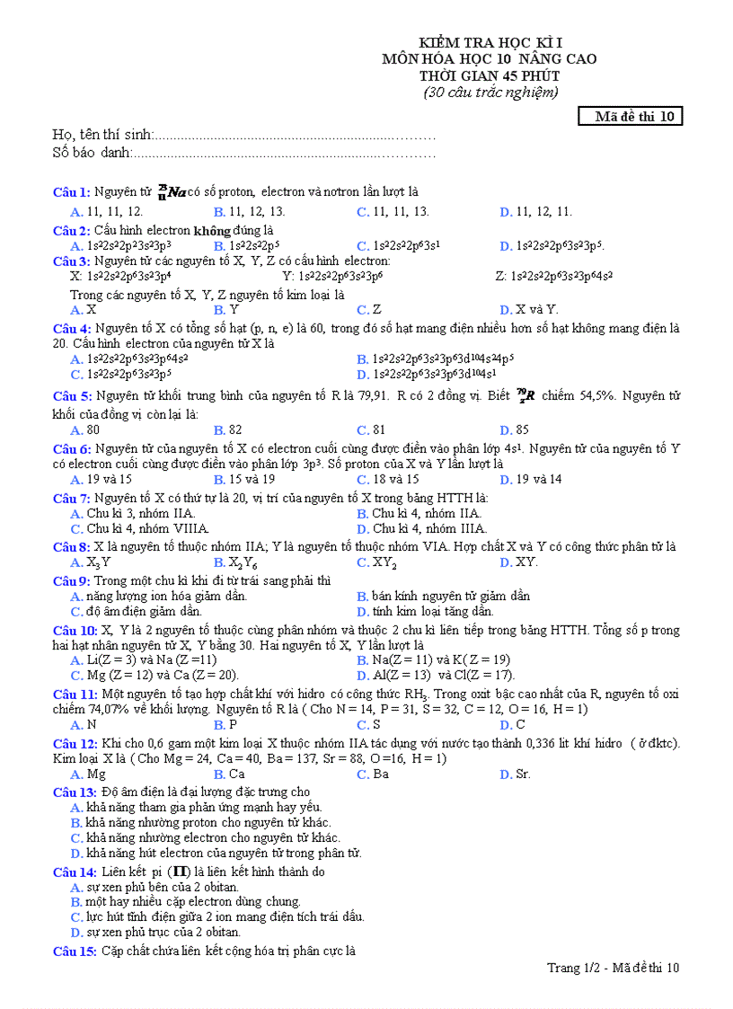 Đề mẫu HK I Hóa 10 21