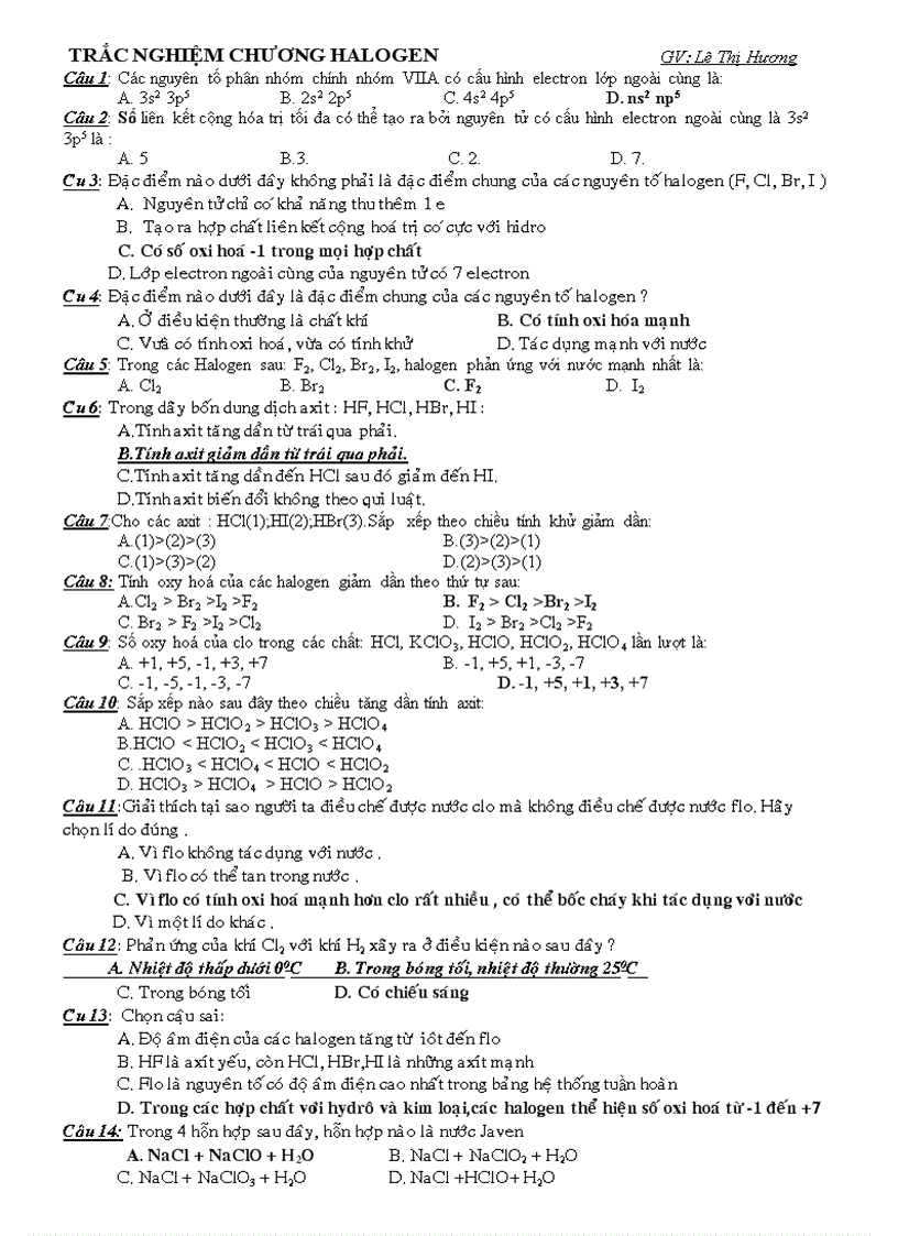 Trắc nghiệm Halogen đầy đủ