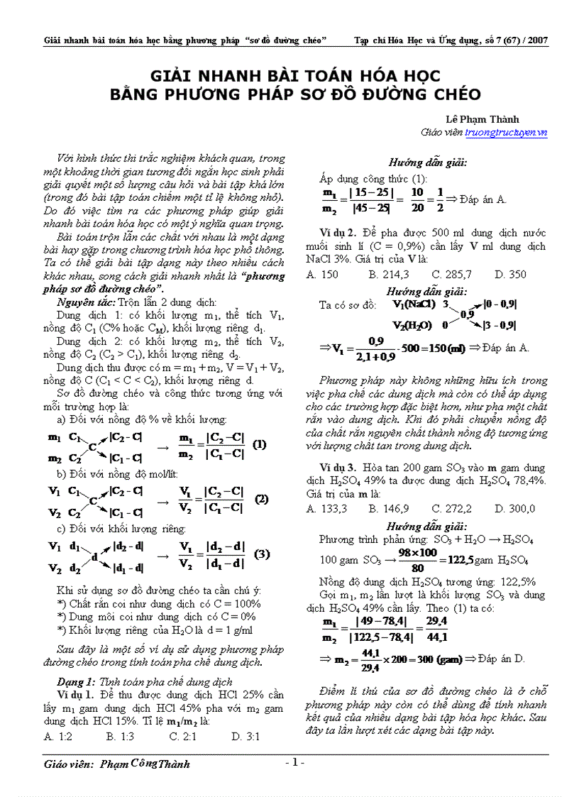 PP giai nhanh toan Hoa hoc bang so do duong cheo