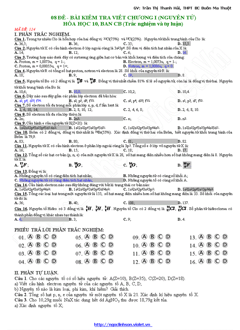 H10 Bài kiểm tra viết chương I HKI Nguyên tử Hóa học 10 8 đề