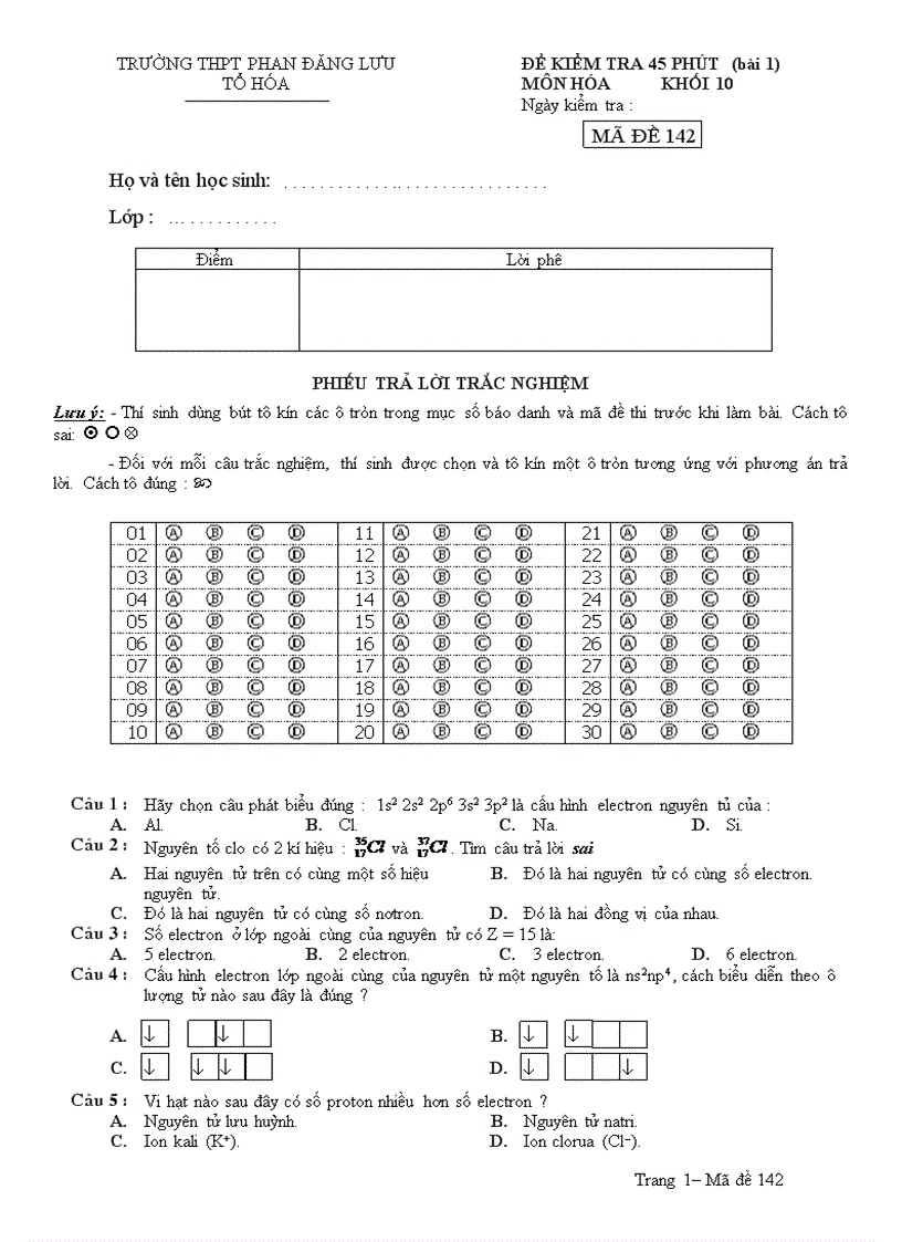 Đề kiểm tra 45 phút hóa 10 nâng cao