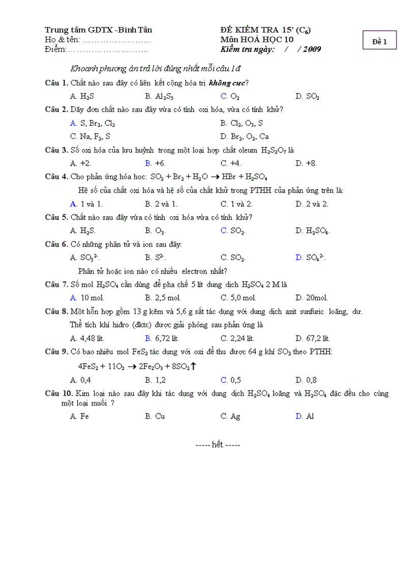 Đề kiểm tra ĐA C6 hóa 10 gdtx