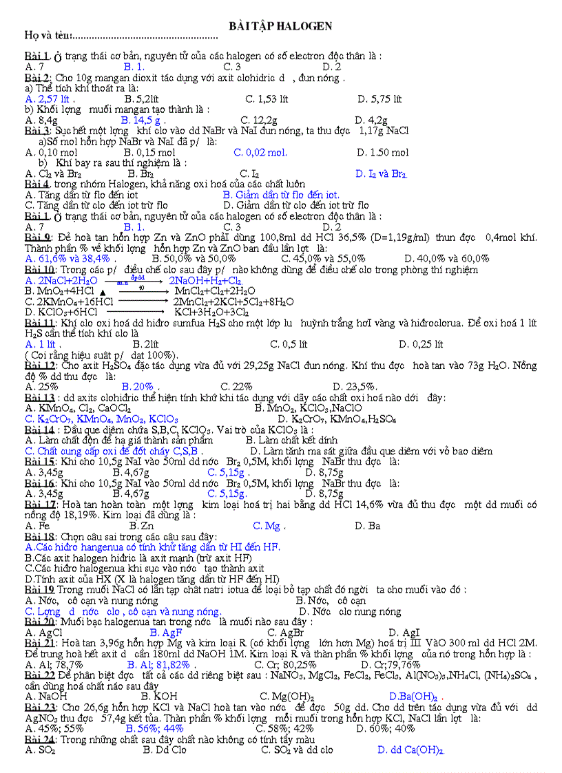 Bài tập tham khảo halogen