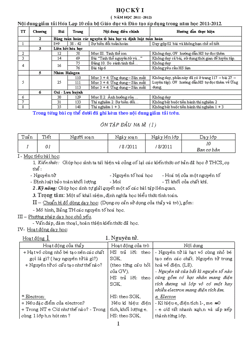 Tập Giáo án Hóa học 10CB năm học 2011 2012 có ghi chi tiết giảm tải cho từng bài theo Bộ GD mới ban hành