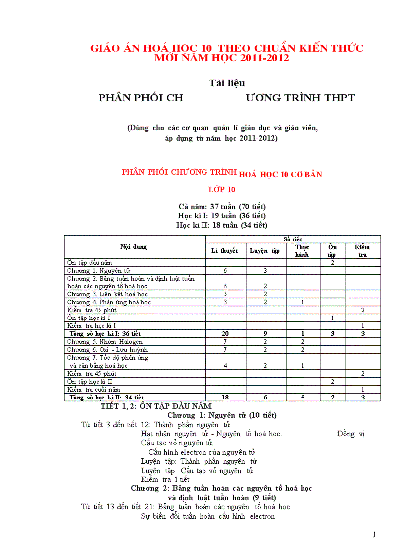 Giáo án Hóa học 10 chuẩn mới 2012