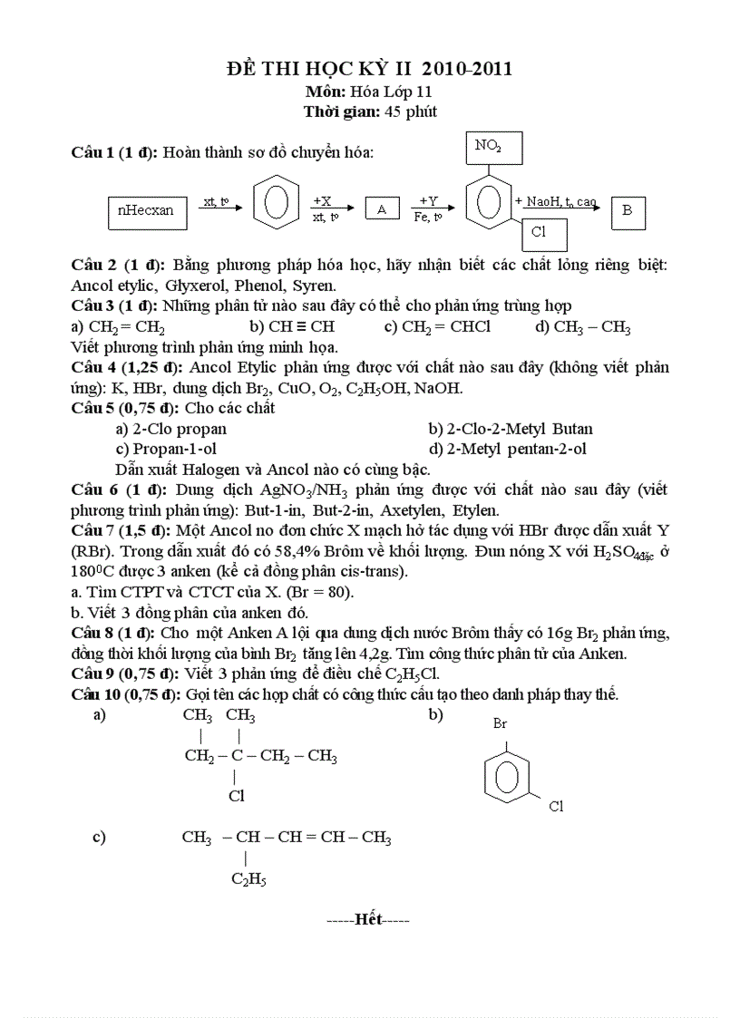 Đề Hóa 11 KT HK II số 13