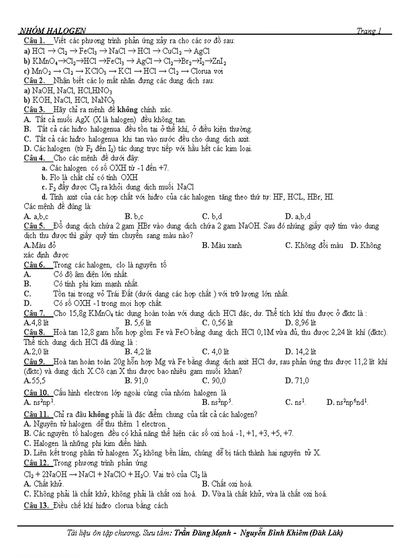 Bài Tập Chương Halogen 1