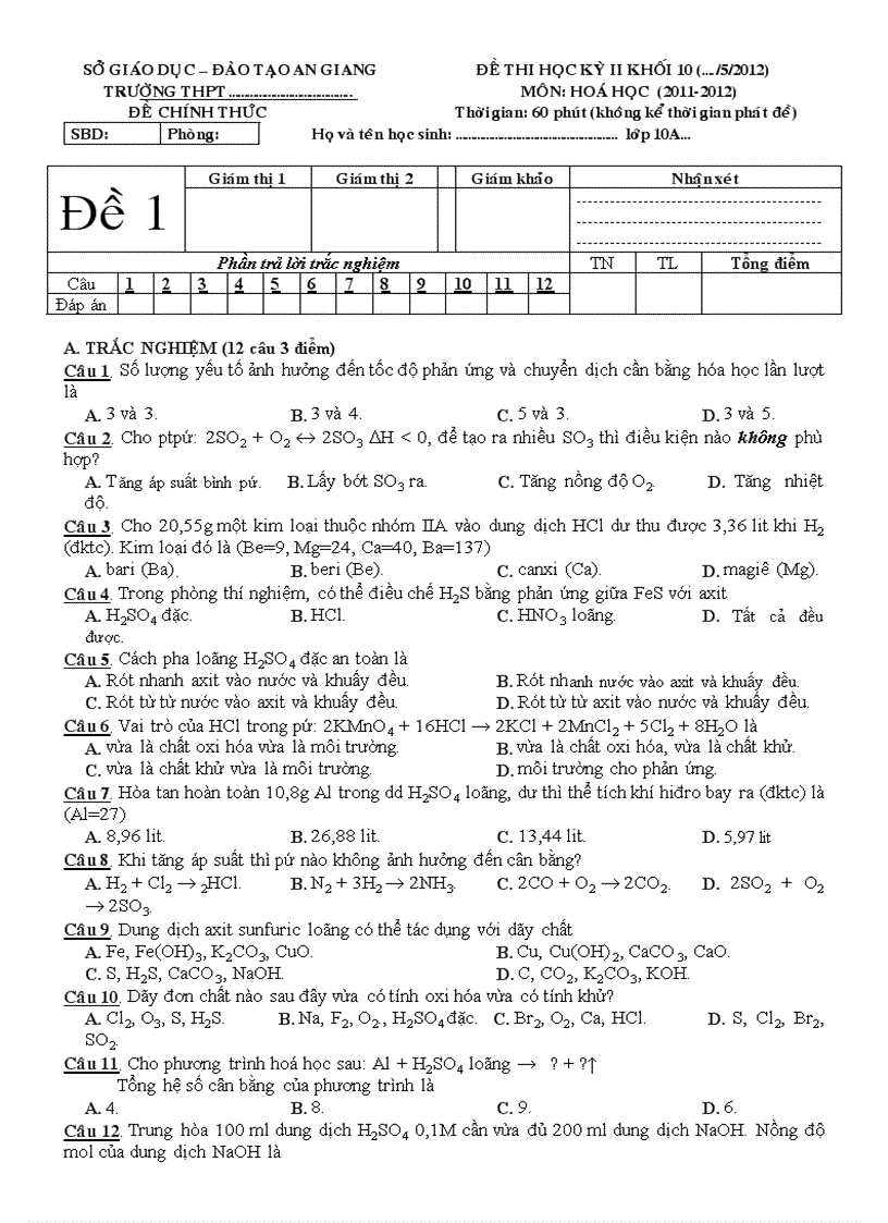Đề thi hkii lớp 10 năm 2011 2012