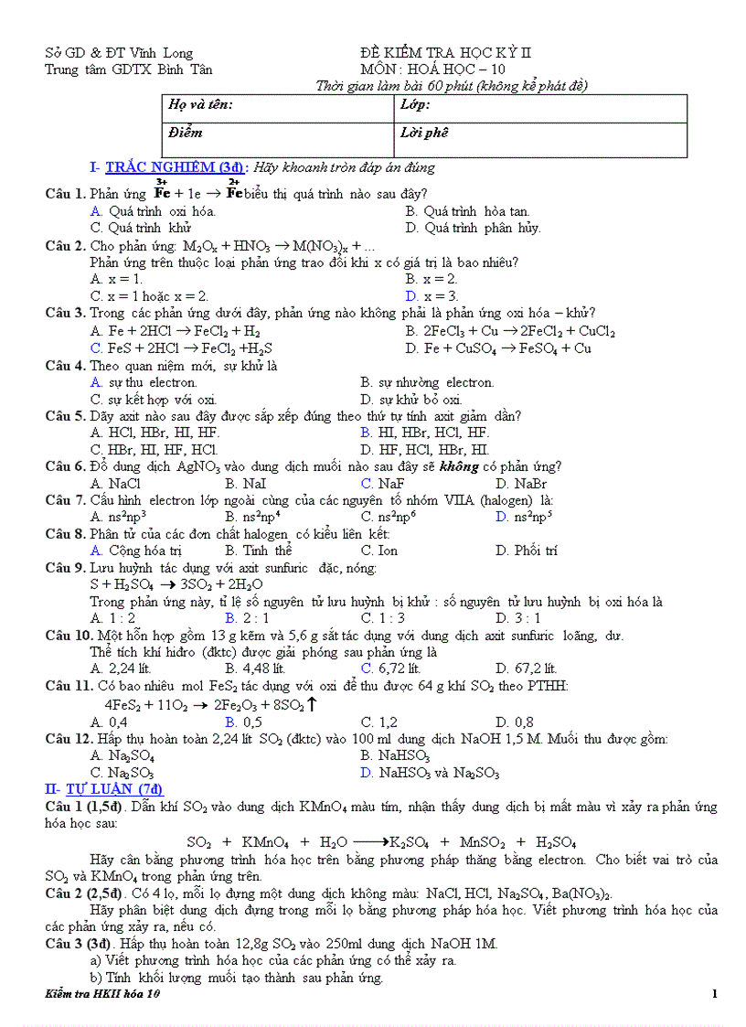 ĐỀ KIỂM TRA HKII ĐA HÓA 10 gdtx