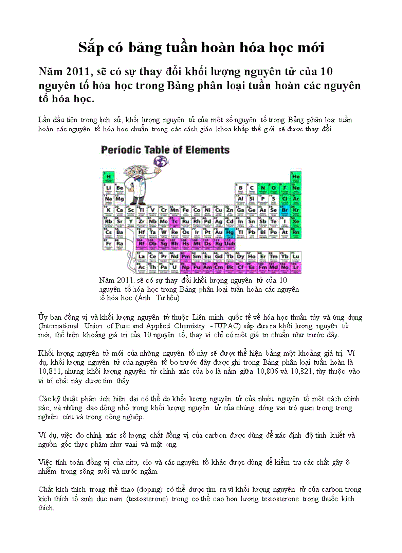 Sắp có bảng tuần hoàn hóa học mới
