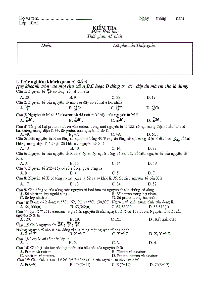 Đề kiểm tra cấu tạo nguyên tử