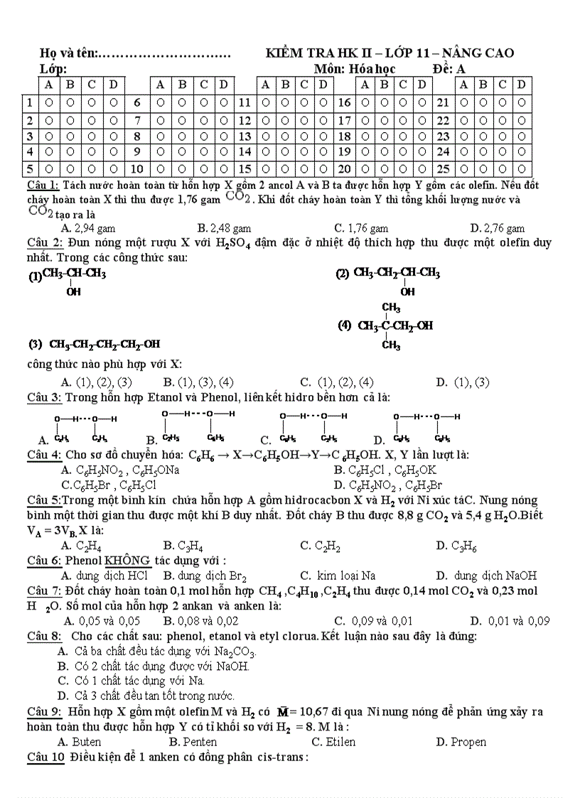 Đề KT Hoá 10 HK II 9