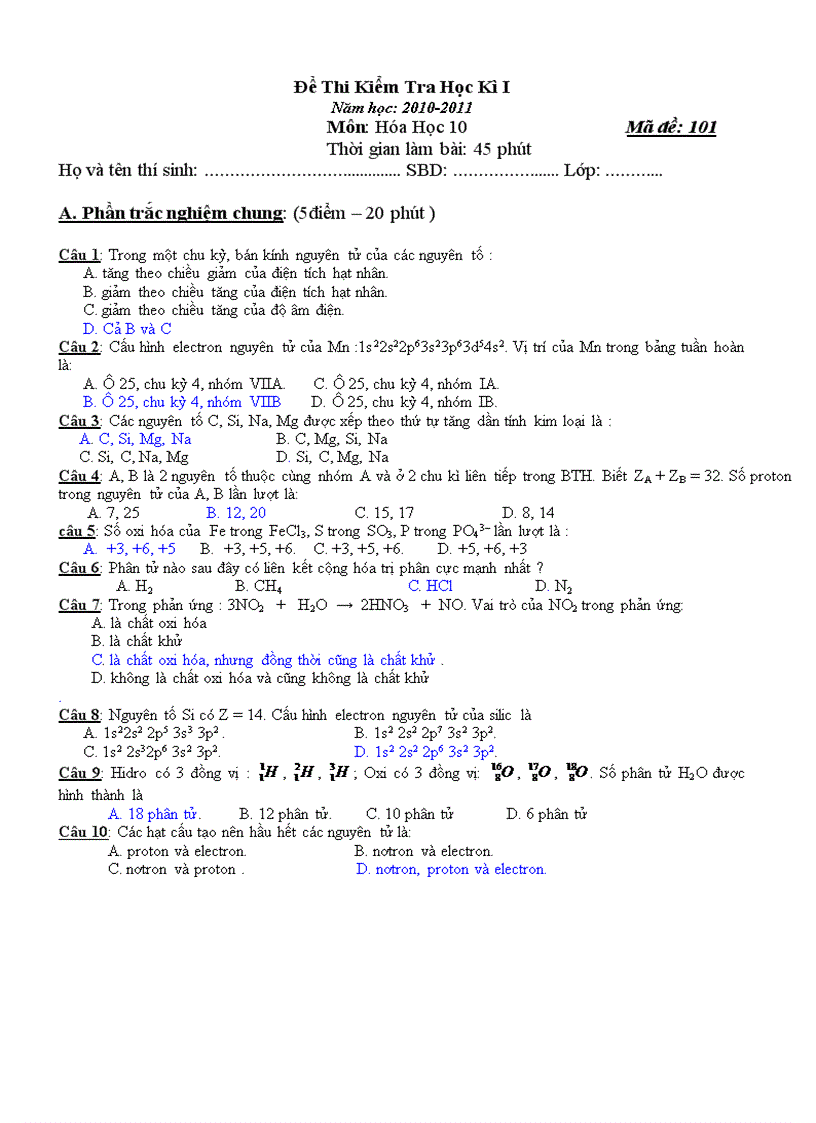 Đề thi học kì 1 hoa 10 2010 11