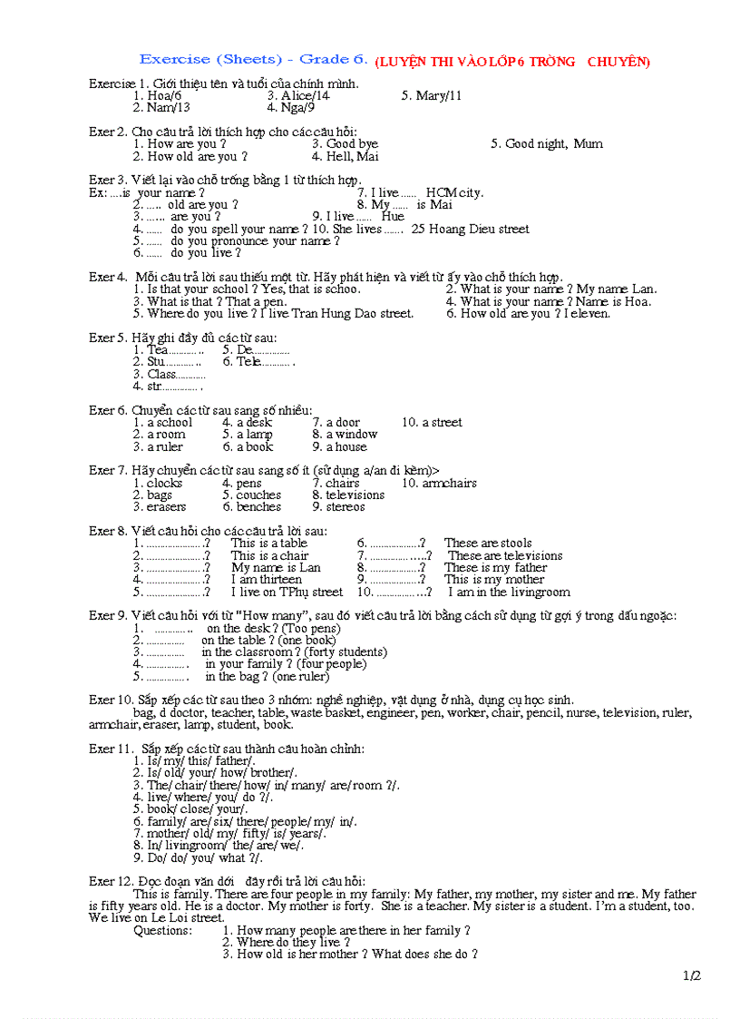 Sheets Grade 6 Luyen thi vao lop 6 truong chuyen