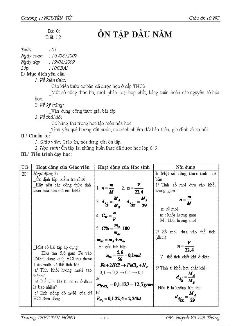 Giáo án hóa học 10NC Chương 1