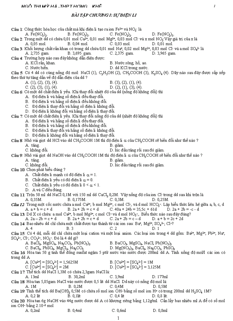 Một số bài tập chương điện li hóa 11