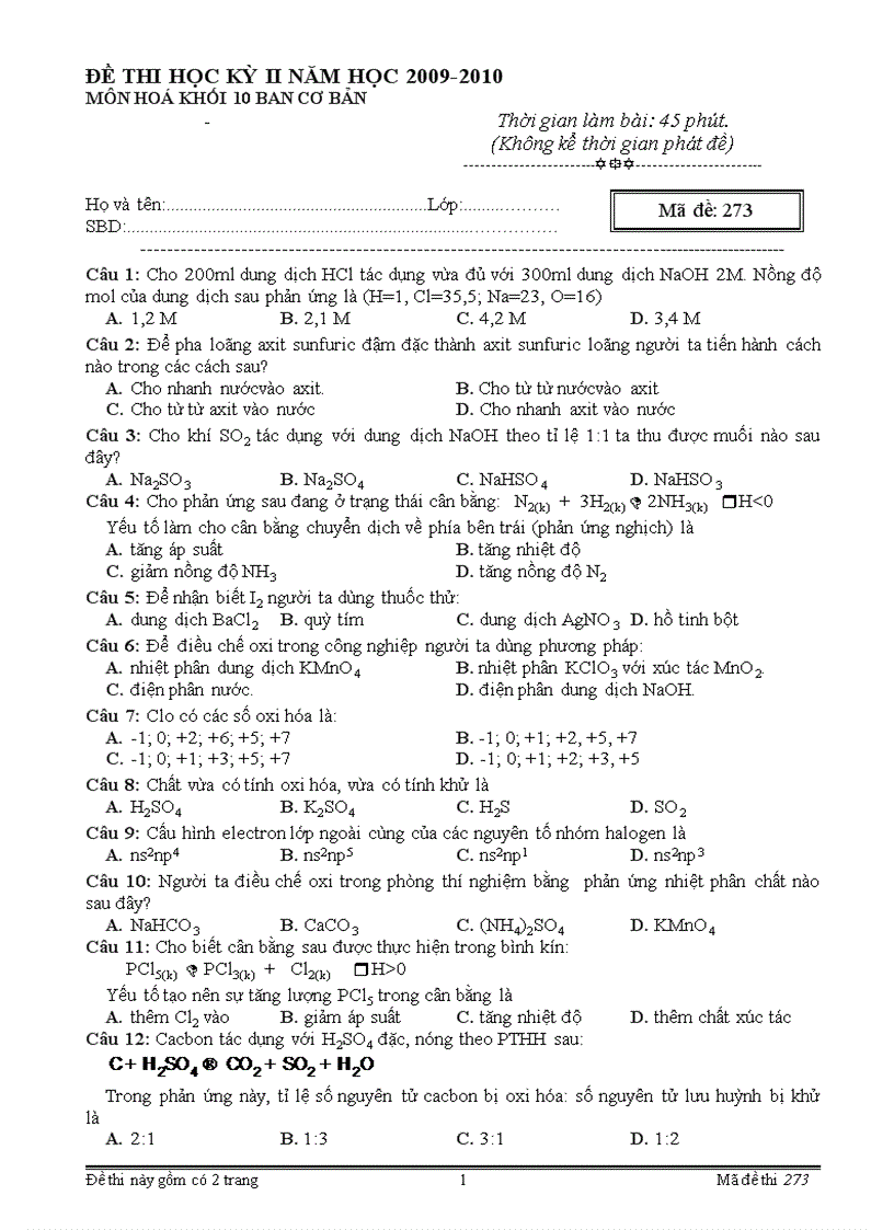 Thi thử HK II Hóa 10 số 4