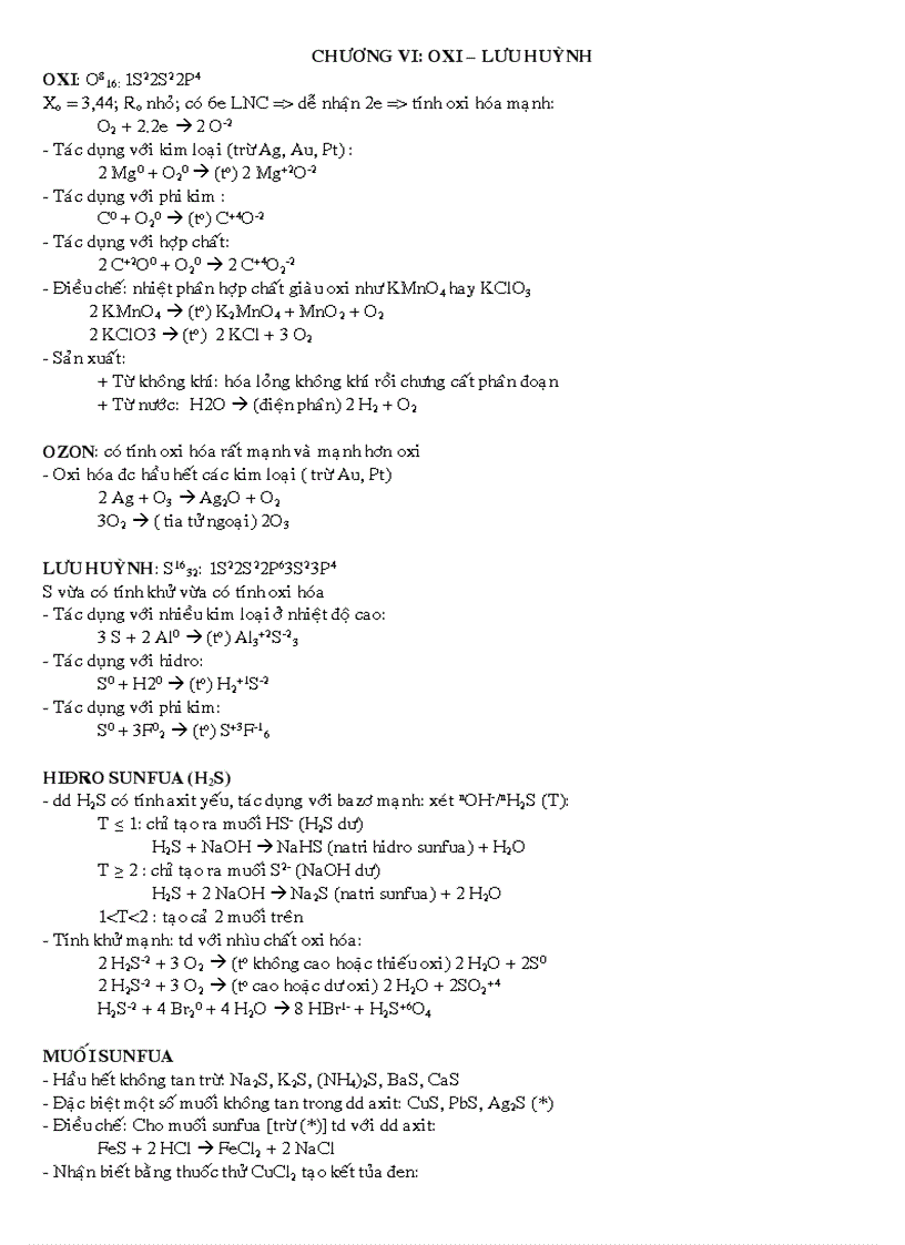 Kiến thức cơ bản Kiểm Tra Chương 6 OXI LƯU HUỲNH