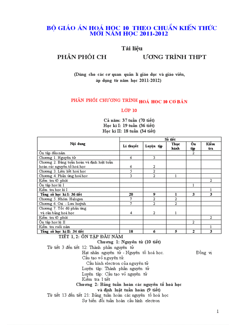 Giáo án Hóa học 10 chuẩn mới chi tiết