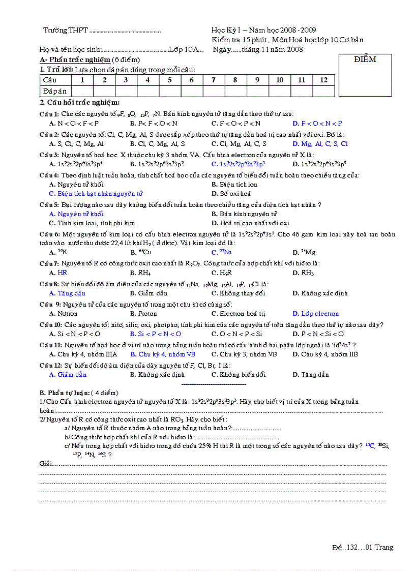 Kiểm tra 15 BTH 10 CB đề 132