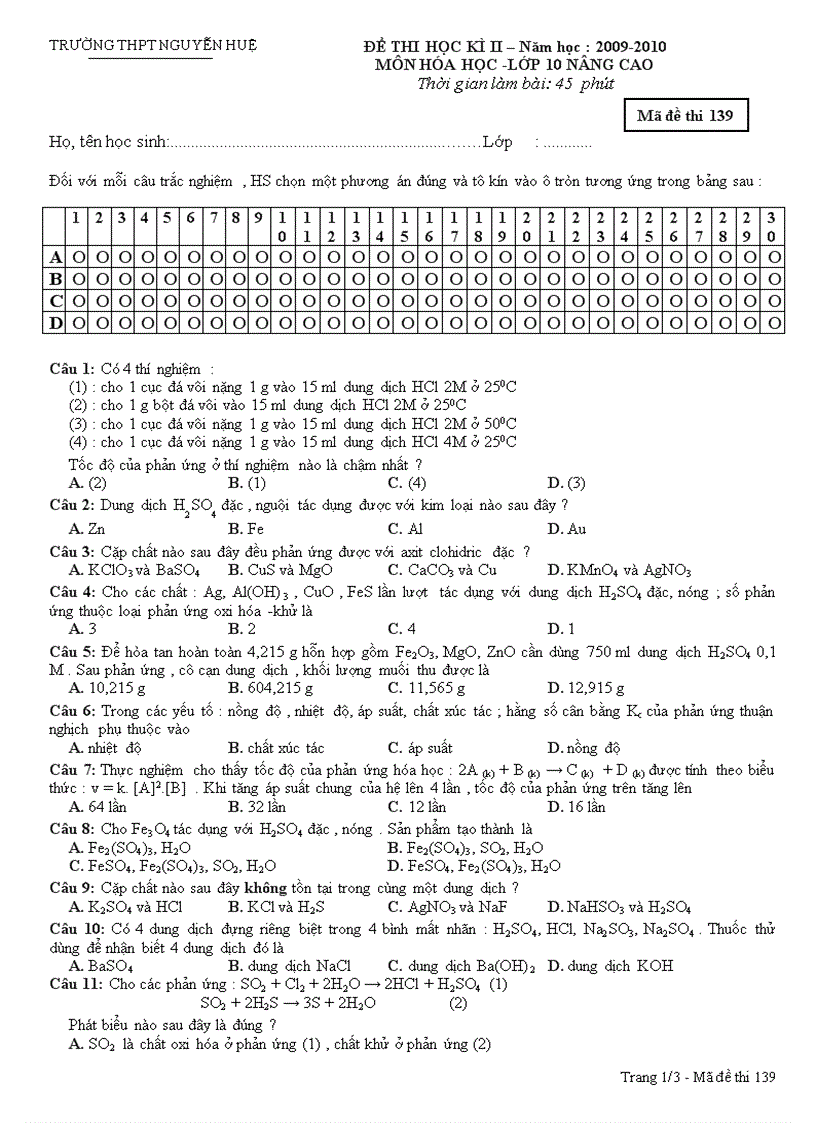 Đề mẫu Hoá 10 HK II số 10