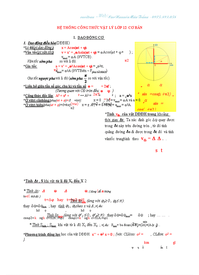 Công thức vật lý lớp 12 cơ bản