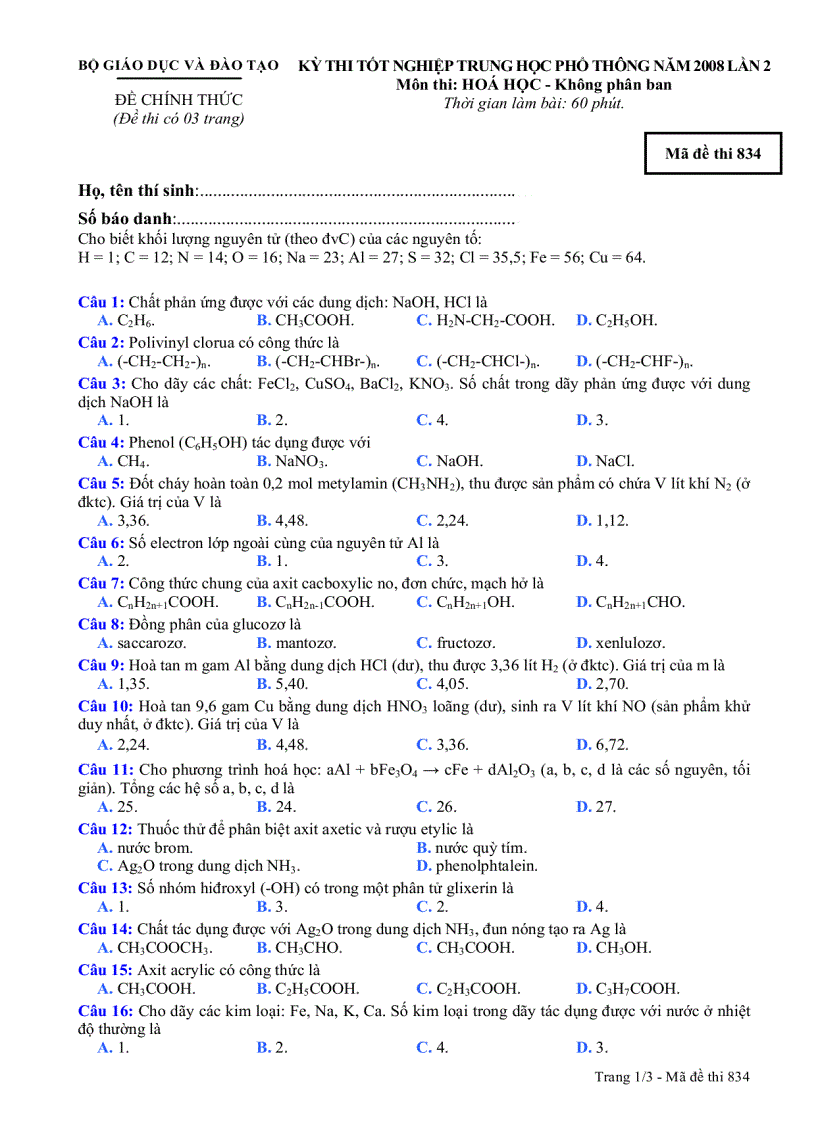 Đề Hóa TN kpb 834