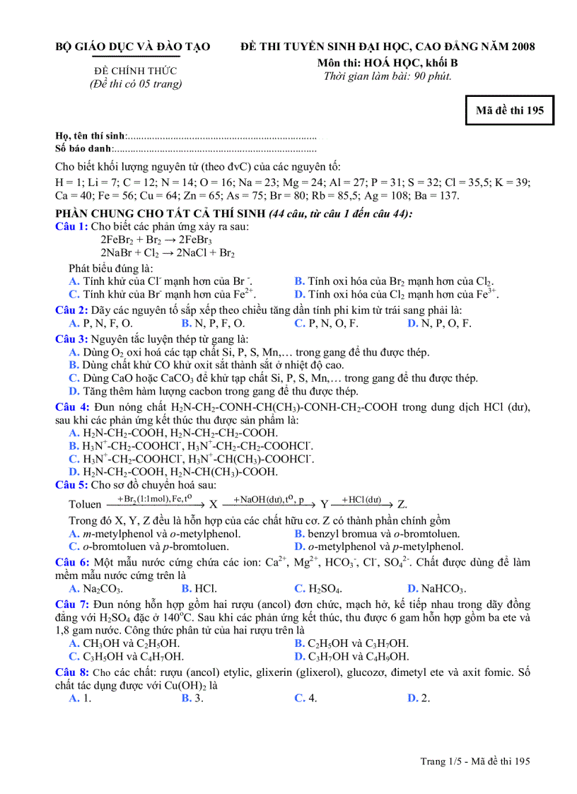 Đề Hóa B 2008